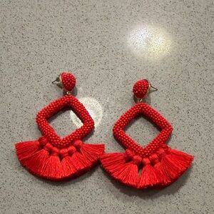 Red Beaded Tassel Earrings